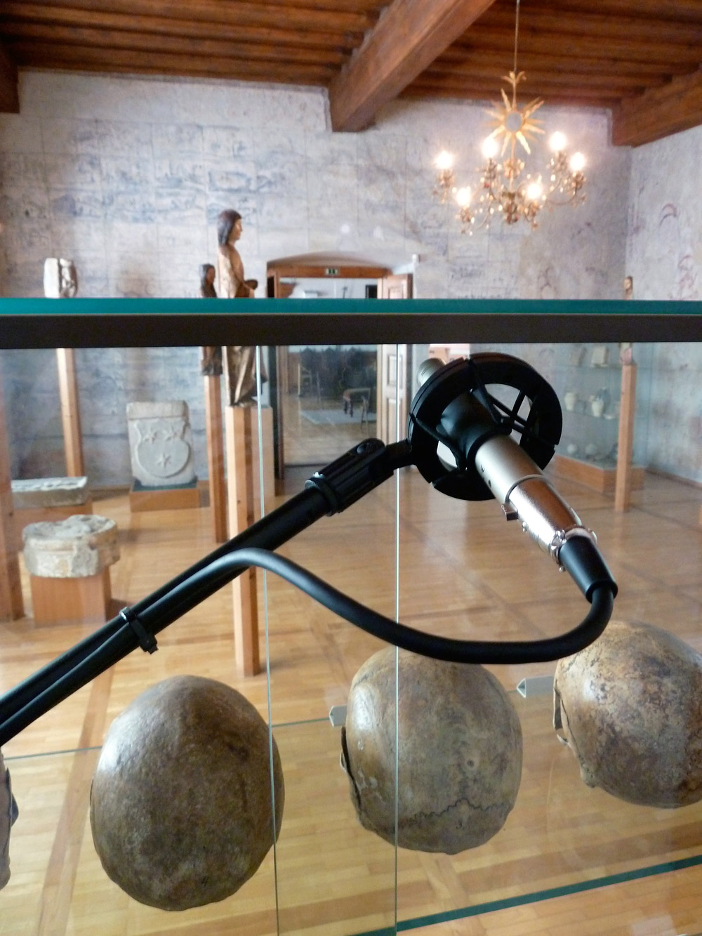 Art, artwork. An interactive sound installation entitled "Play Misty for Me" by Nika Span / Nika Špan. Material: A microphone, a tripod, a sound mixer, and an active loudspeaker. Exhibition: Narratives in Progress, Regional museum, Celje, Slovenia.