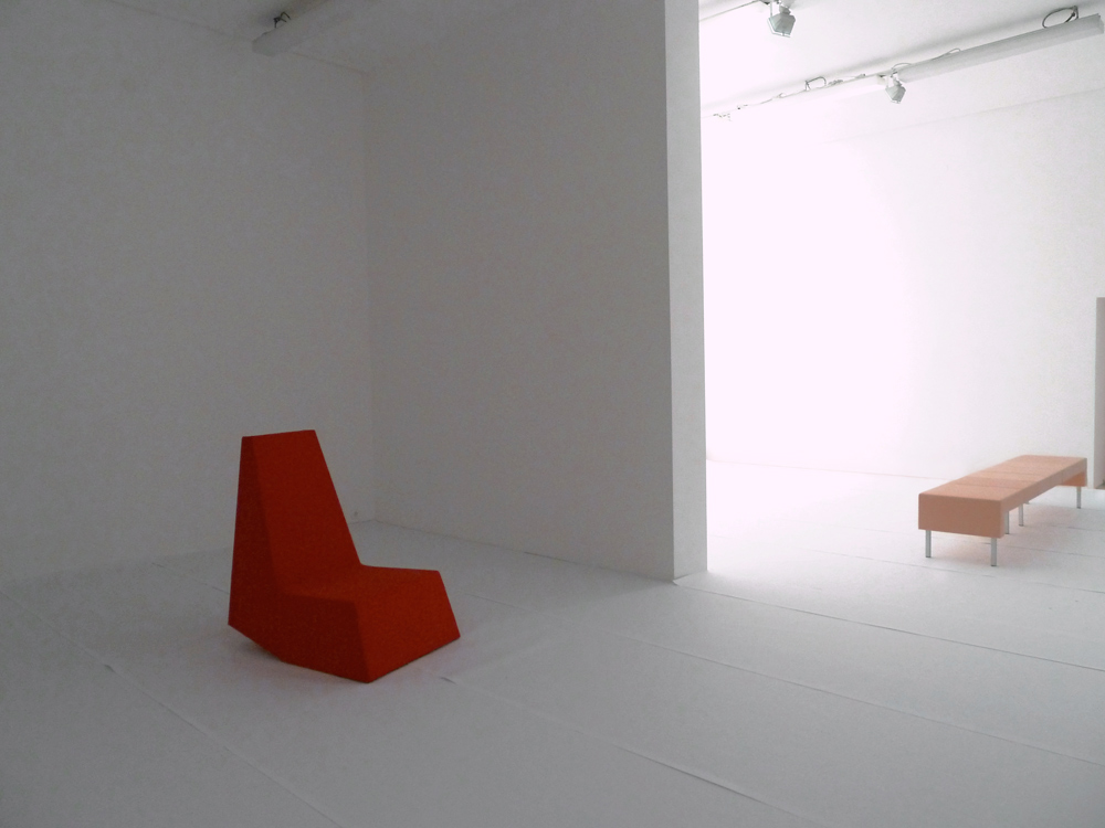 Art, artwork. An installation entitled "The Big Sleep, pole-position" by Nika Span / Nika Špan. Material: bench, chair, Inkjet paper, 4 self-adhesive red dots, red scribers. Exhibition Space: Project Space, Galerija Gregor Podnar, Ljubljana, Slovenia